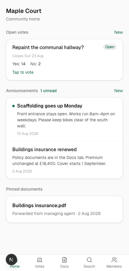CommonCouncil community home showing announcements, votes and documents