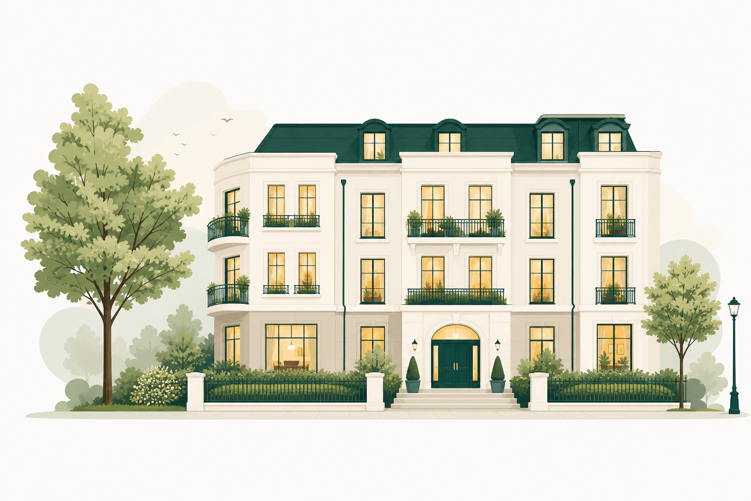Illustration of a calm UK residential apartment block